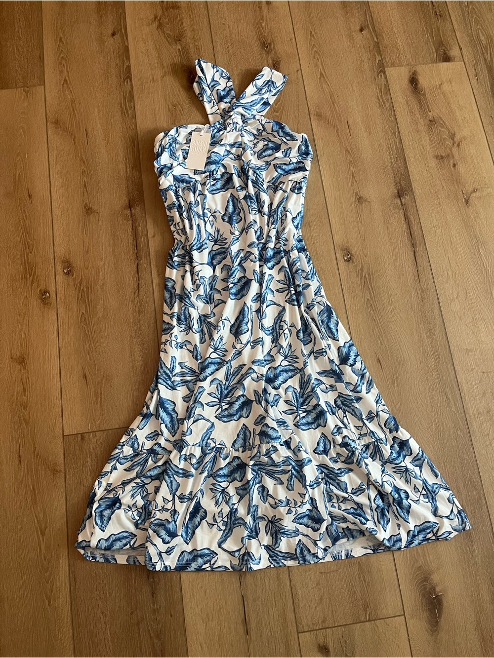 Grace Karin White Strapless Maxi Dress with Blue Floral Print (Size L) - Picture 2 of 6